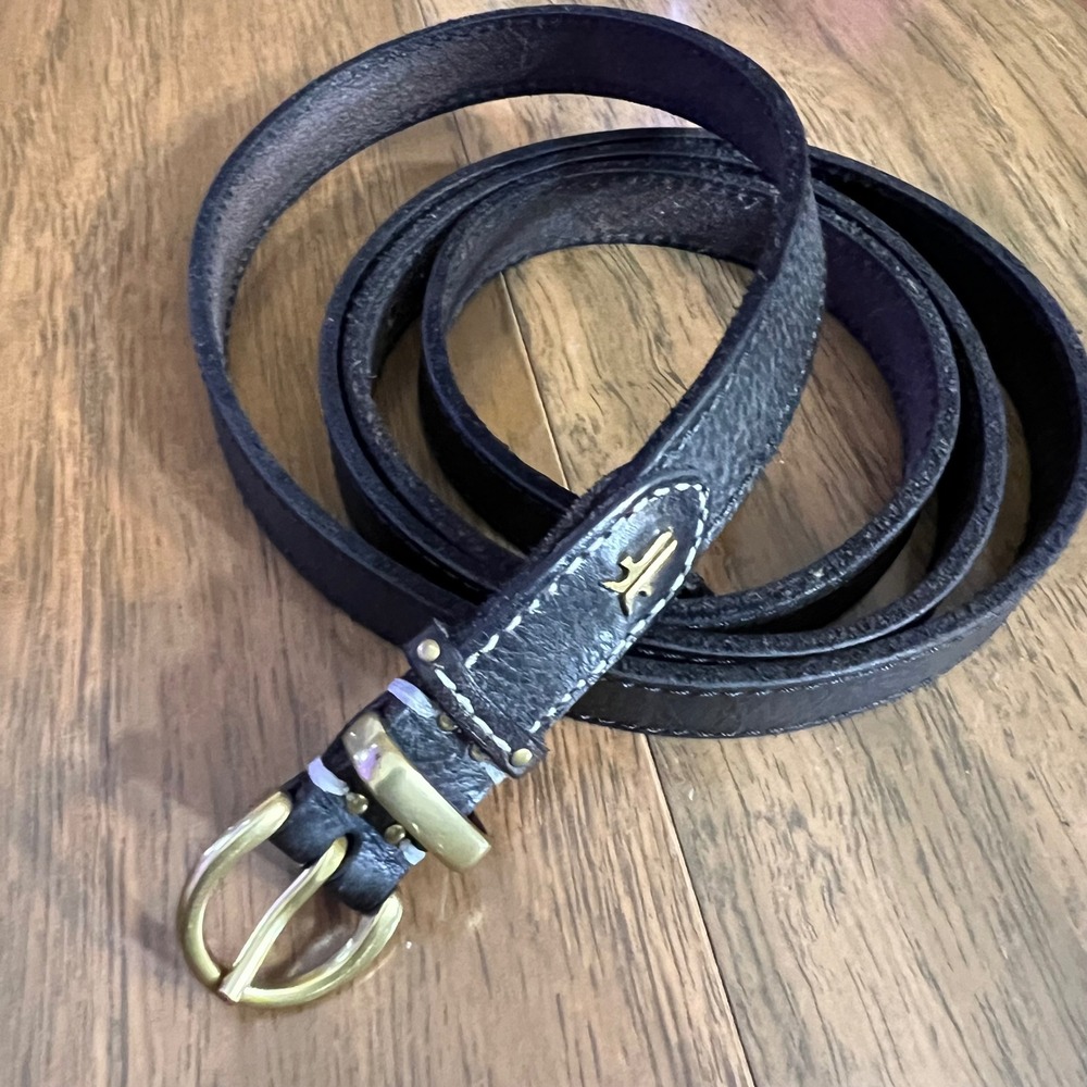 Frye 34DC833 Skinny Belt Women XL Black Leather Gold Tone Logo Buckle